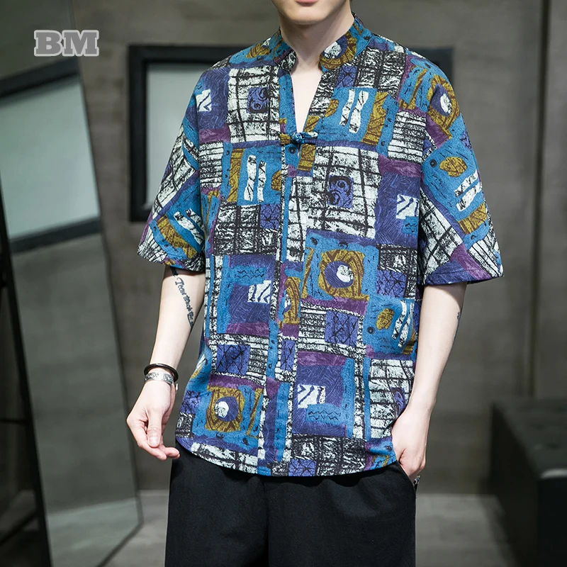

2022 Summer Traditional Chinese Clothing Cotton Linen T-shirt Male Retro Print Short Sleeve Plus Size Tang Suit Men Clothing