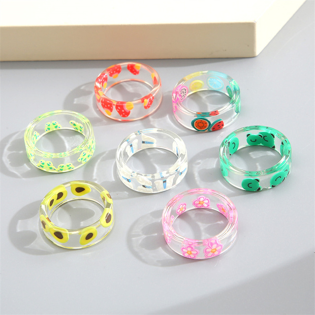 Ring Set Wholesale 2022 Summer Fashion Fruits Flowers Geometric Chain Candy Color Opening Rings Women Finger Jewelry