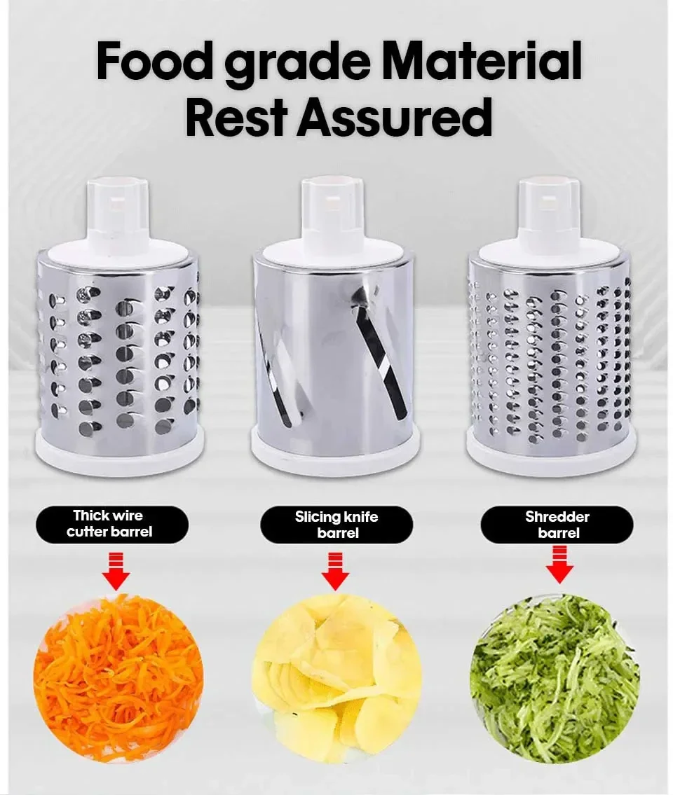 Description Picture 4 of item3 In 1 Slicing Grater Manual Rotary Cheese Grater Food Processor Blender Potato Slice Chopper Stainless Steel Kitchen Accessorie