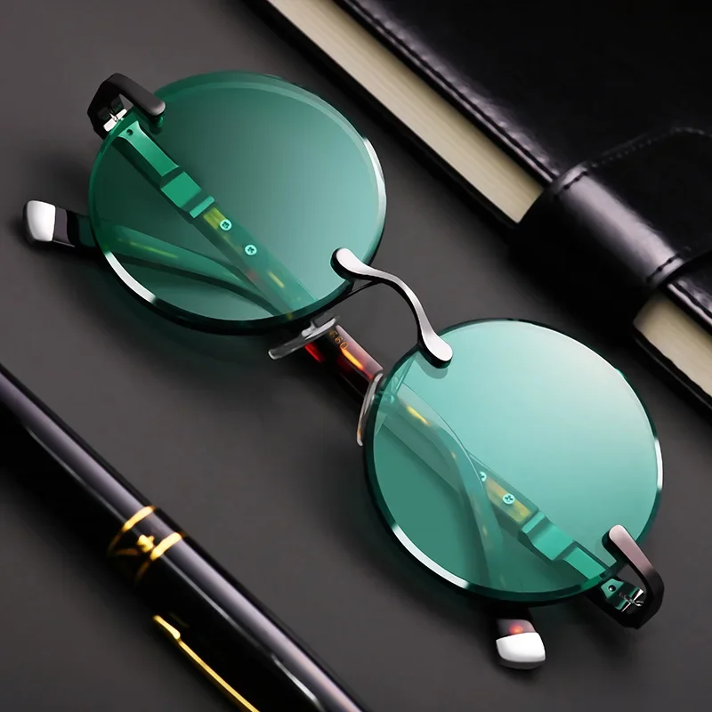 Fashion Classic Rimless Sunglasses Women Men Crystal Dark Green Lens Sun Glasses Retro Round Glasses Outdoor Driving Eyeglasses 2
