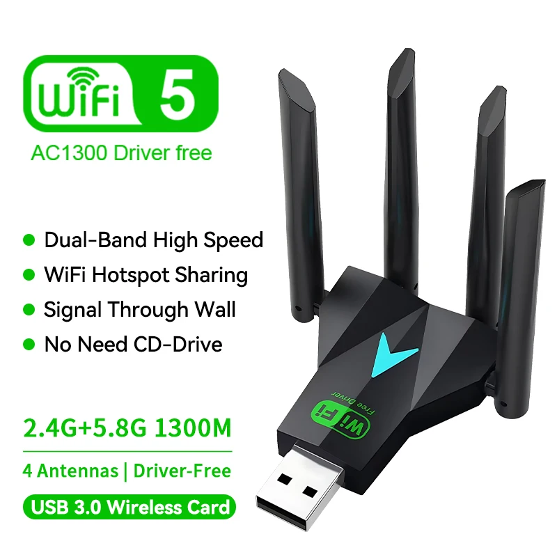 Clé WiFi, AC1300 Mbps Cle WiFi Puissante USB 3.0 Double Bande, 2.4G/5 Clé WiFi, AC1300 Mbps Cle WiFi Puissante USB 3.0 Double Bande, 2.4G/5
