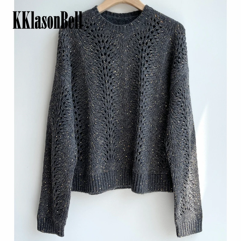 

10.18 KKlasonBell Luxury Sequins Decoration Hollow Out Knitted Pullover Sweater Women