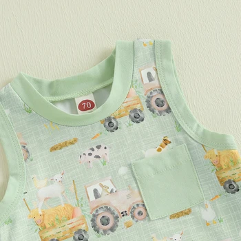 Cute Baby Boy Outfit Set with Tractor Print Tank Top and Elastic Waist Shorts Farm Animal Theme Toddler Clothes 2