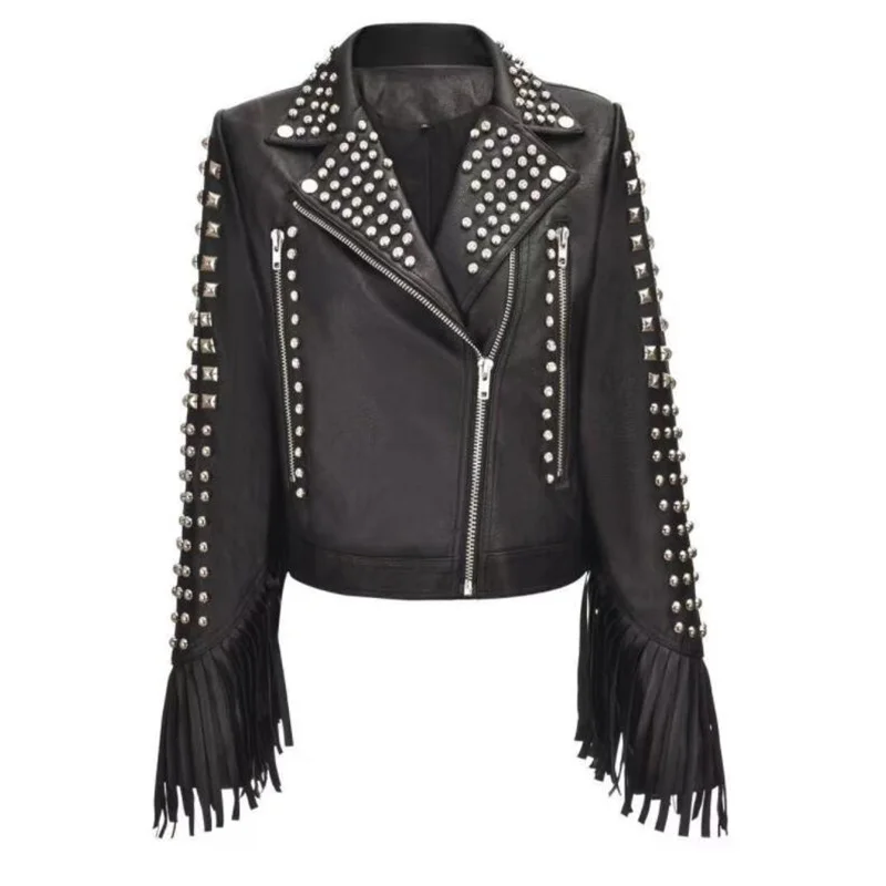 New Woman Black Punk Long Spiked Studded Chains Cowhide Biker Leather  Jacket-17