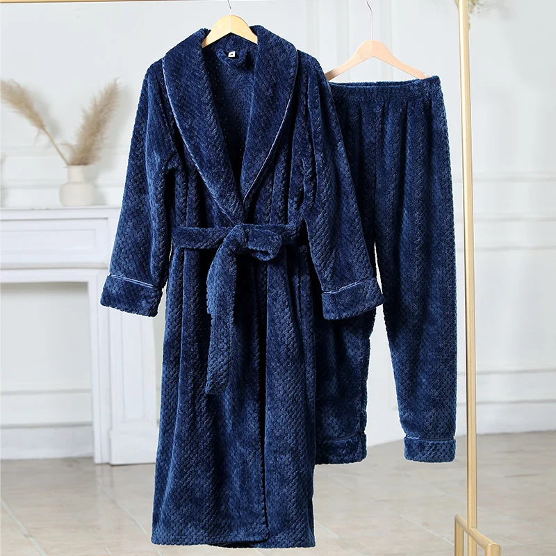 2023 New In Men Women Winter Flannel Cozy Warm Couple Pajamas Pajama Pants Set Solid Color Robe With Belt Home Wear