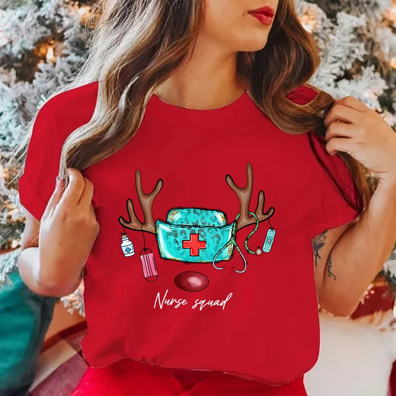 

(Футболка премиум-класса), забавная футболка с рождественским принтом медсестры, женский свободный топ с коротким рукавом и круглым вырезом, Женская Повседневная рубашка, футболки