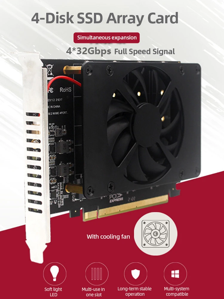 4개 디스크 PCIe 4.0 X16 스위치를 4포트 M.2 어댑터 카드(방열판 포함)로 변환, 4개 M.2 NVMe SSD PCIe X16 어댑터 4 X 32Gbps