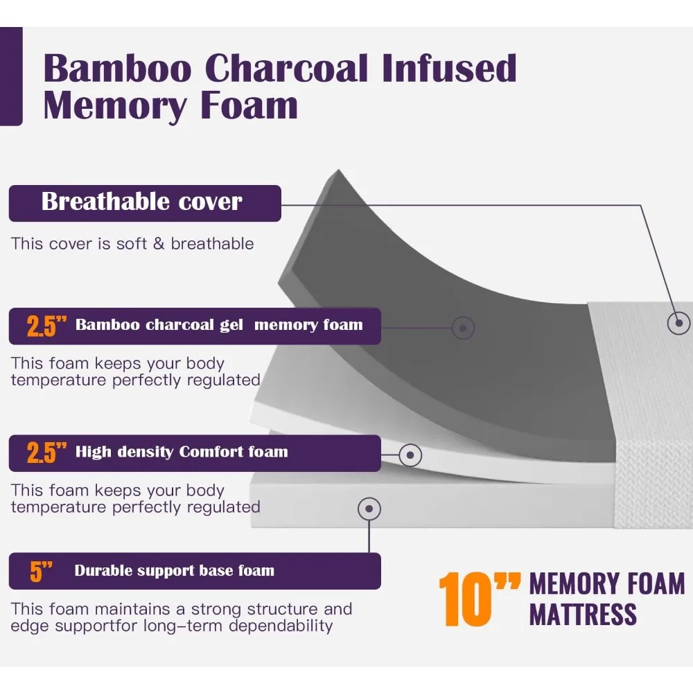 10 Inch Bamboo Charcoal Gel Memory Foam Mattress CertiPUR-US Certified Removable Soft Cover Full mattresses for Bed Frame 4