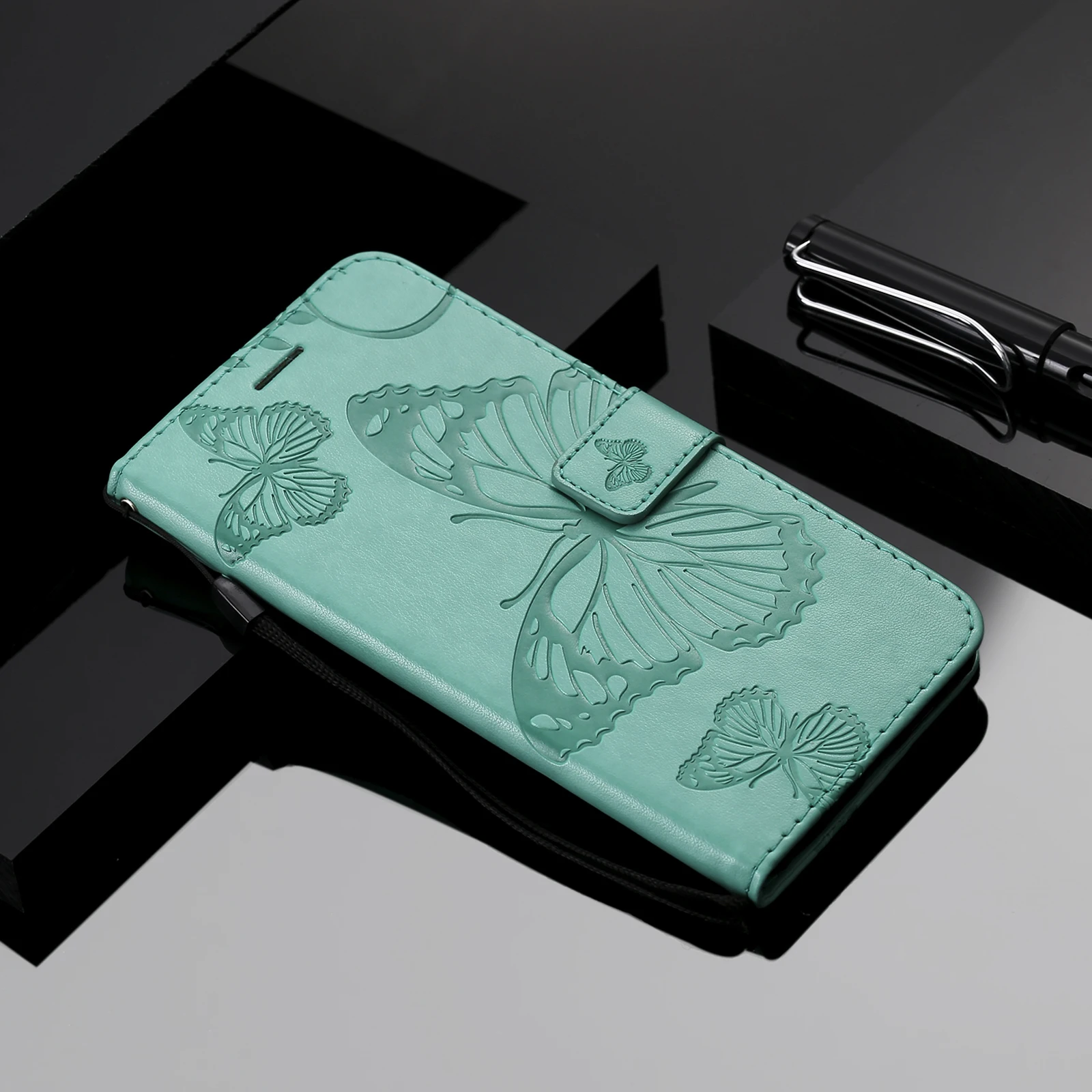 Elegant Leather Flip Wallet Case | Butterfly Embossed Design with Card Holder