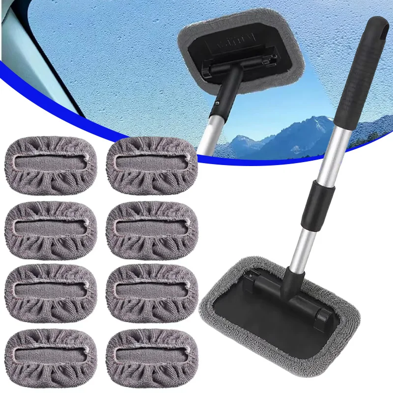 Car Window Cleaner Brush Windshield Cleaner Microfiber Cloth Cleaning Tool Handle Interior Exterior Auto Glass Wiper