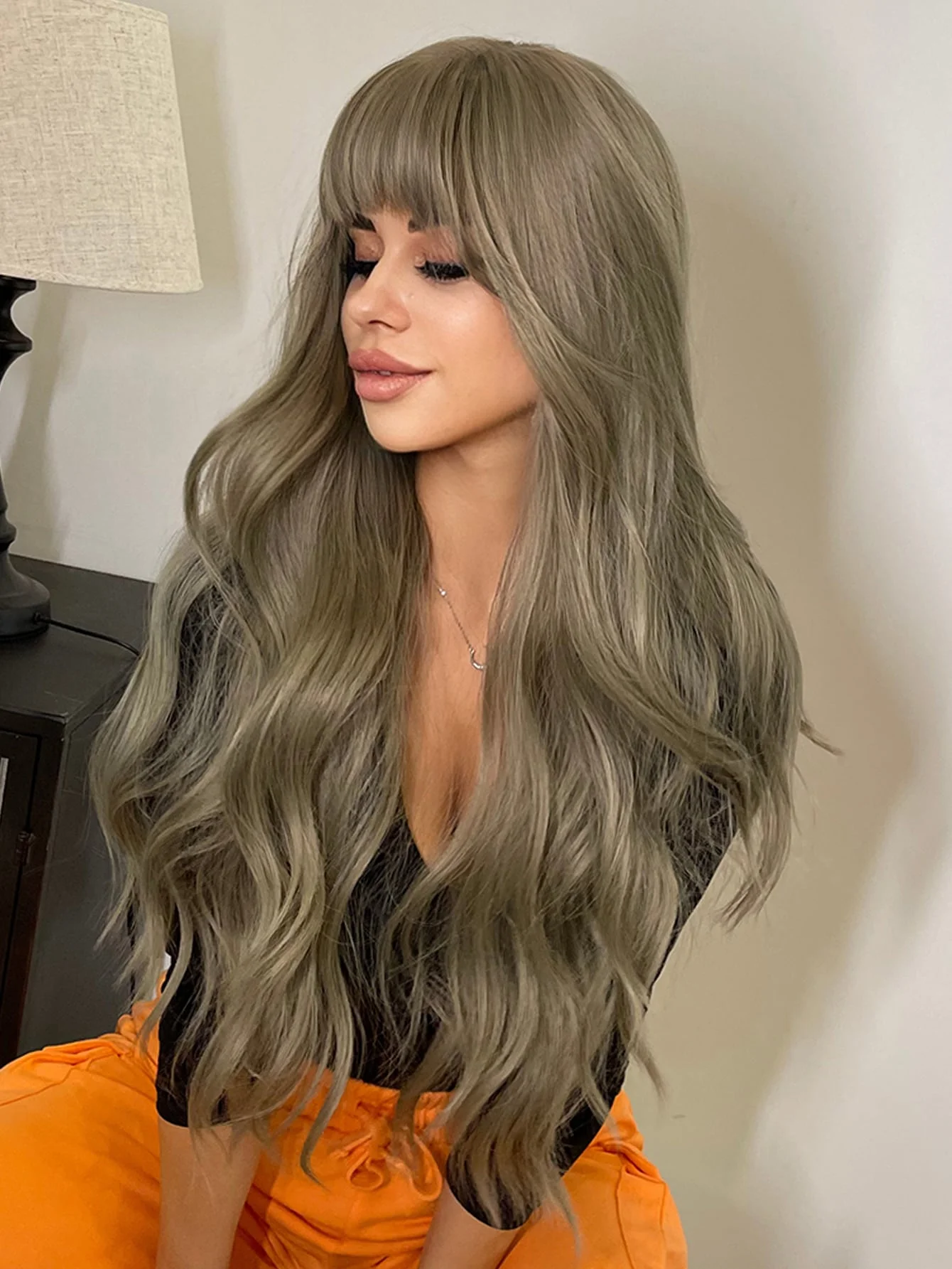 Synthetic hair wigs Green Wood Linen Gray Long Curly Wave for Women