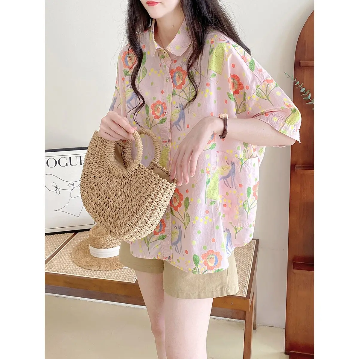 

Korea Summer Women Shirts Floral Printed Blouses Half Sleeve Casual Lady Tops Loose Female Clothes