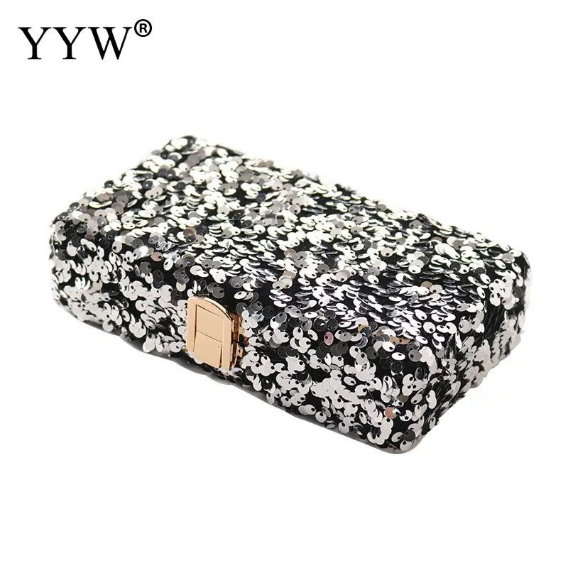 Luxury Bling Sequins Square Women Clutch Handbag Golden Metal Top Chain Handle Female Evening Party Cocktail Prom Purse Box Bag