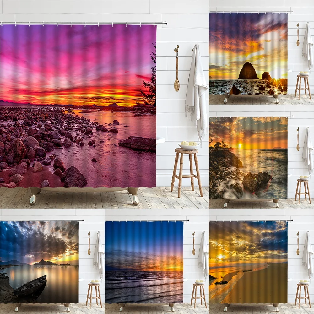 

Sunlight Ocean Beach Fabric Shower Curtain Sunset Dusk Sea Reef Boat Scenery Sunrise Bathroom Decor Curtains Cloth Bath Screen