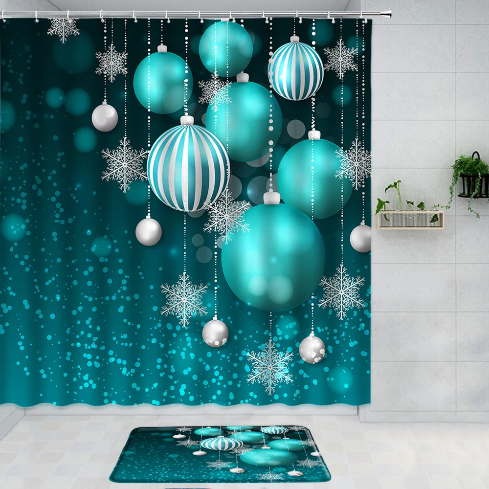 2 Piece Teal Christmas Shower Curtain Bath Mat Set Xmas Balls Bathroom