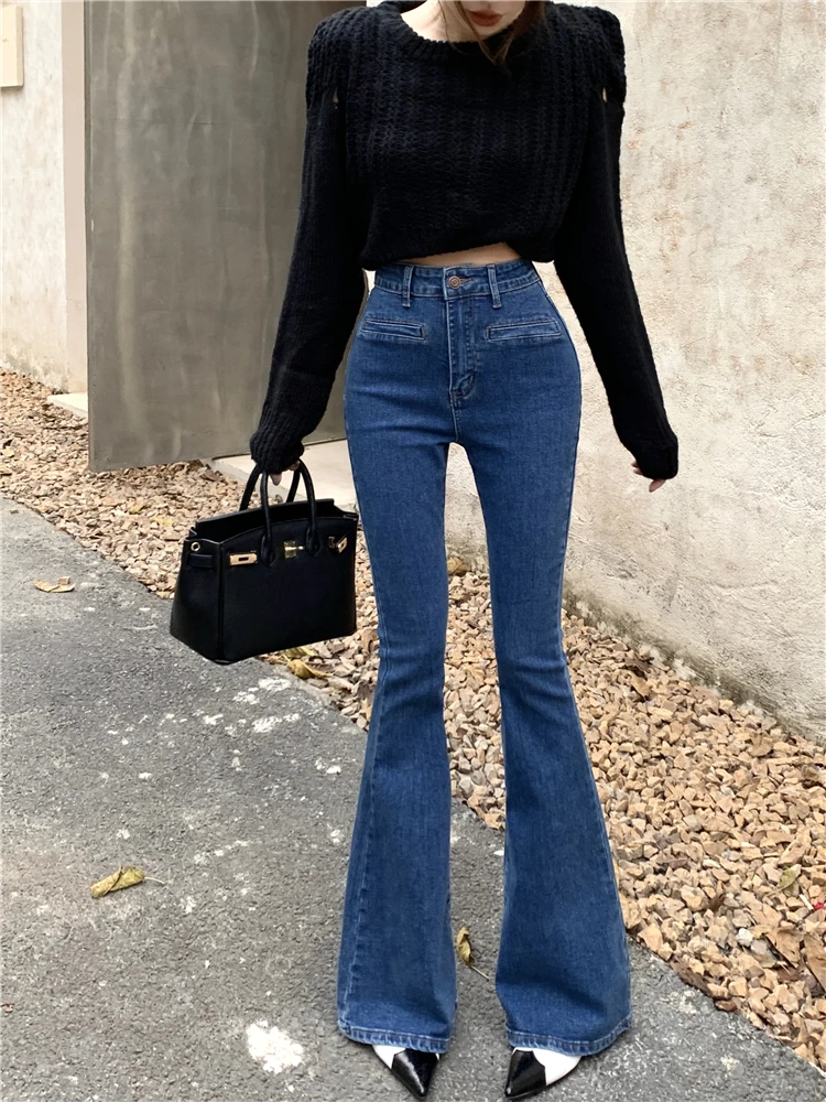 

Retro High Waisted Elastic Denim Back Slit Flared Pants 2024 Spring New Fashionable Women'S Clothing