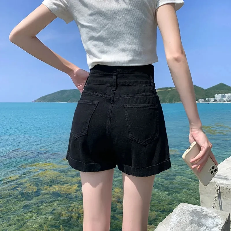 Black High-Waisted Denim Shorts Women's Summer New Loose Casual Thin Retro Wide Legs A-Line Short Hot Pants Versatile Ropa Mujer