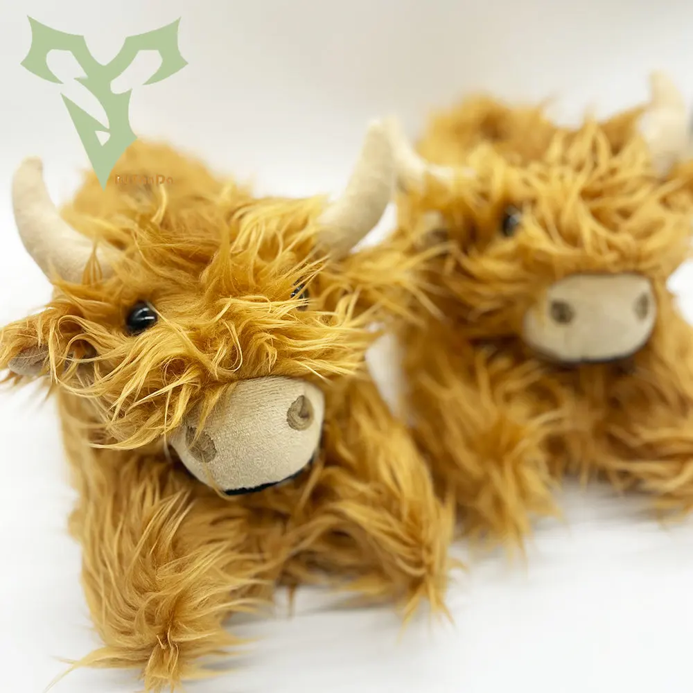 Highland Cattle Slippers Plush Scottish Cow Slippers Brown Fluffy Fur Home Slippers Winter Warm Kawaii Flat Animal Slides Shoes 2