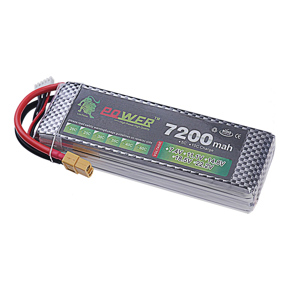 Batterie LiPo 4S 14.8V RC 7200mAh XT60/T Plug pour Drone Voiture