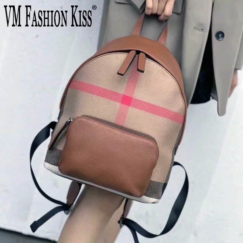 Double Zipper Design Fashionable Canvas+Cowhide Backpack Canvas Backpack For Women Trendy 2025 New Plaid Brown Women's Bag 1