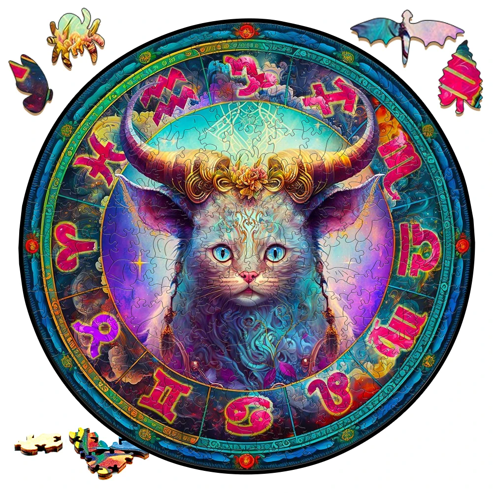 

Creative Wooden Jigsaw Puzzle Board Games Animal Taurus Cat Round Shaped Wood Puzzles Toys Secret Puzzle Boxes Package Best Gift