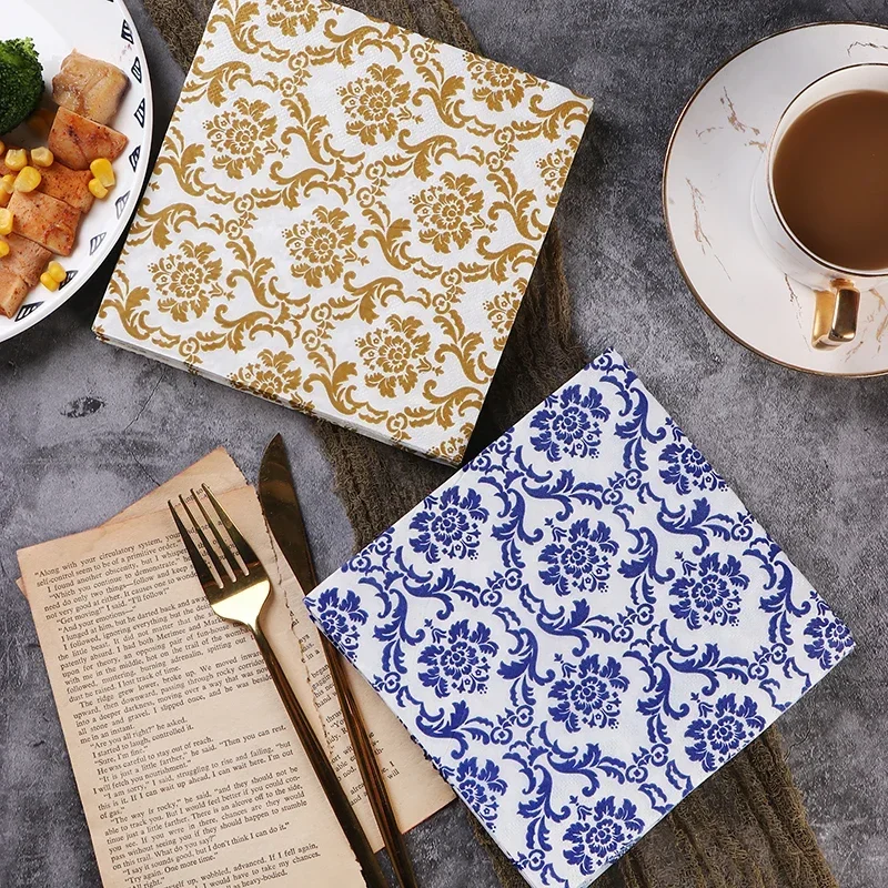 Chinese Elements Blue Gold Silver Flower Pattern Celadon Napkin Paper Tissue Pure Wood Pulp Paper Party Mouth Cloth 20pcs/Pac paper napkins