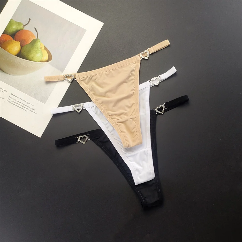3PCS Strap Thong Underwear Shine Rhinestone Plus Size Ice Silk G Strings Sexy Low Waist Bikini T-back Female Solid Color Panties