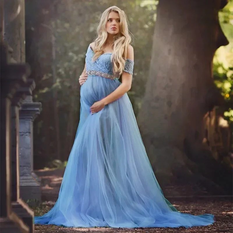 

Lace Patchwork Tulle Maternity Dresses For Photography Sexy Pregnant Photo Session Dress Cute Long Women Pregnancy Shooting Gown