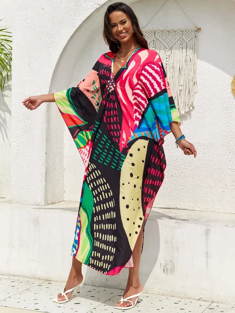 Plus Size Women Floral Print Kaftan Dresses Plus Size Swimsuit Coverup Summer Bathing Suit Caftan Loungewear Beach Dress