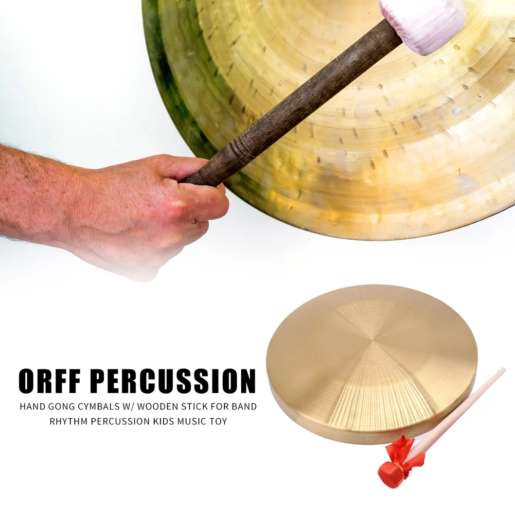Portable 15.5cm Hand Gong Brass Copper Cymbals with Wooden Stick Percussion Instrument Toys for Traditional Festival