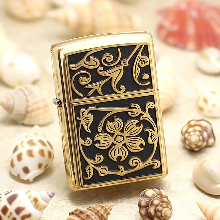 

Оригинальная зажигалка Zippo, медная ветрозащитная зажигалка с золотой проволокой, с рисунком цветка, керосиновая зажигалка, подарок, с защитой от подделки