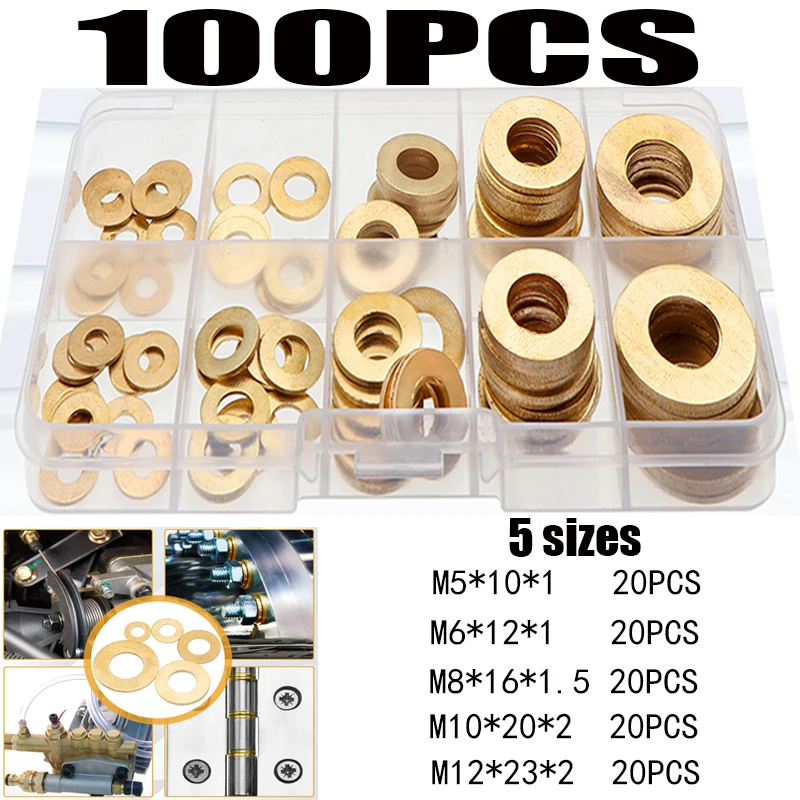 100pcs Flat Washers,brass Sealing Rings Copper Flat Assortment Washers