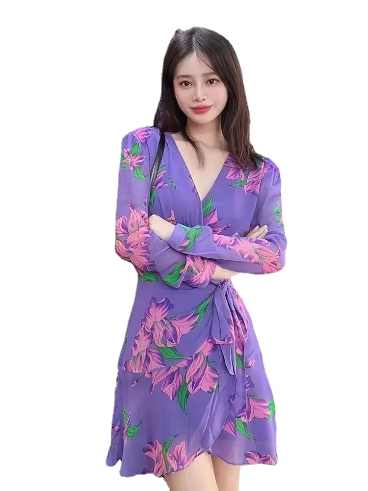 

Dress Sexy Elegant Autumn Spring 2023 V neck Super Immortal Purple Pure Desire Printed Dress Women's Lace Up Irregular Dress