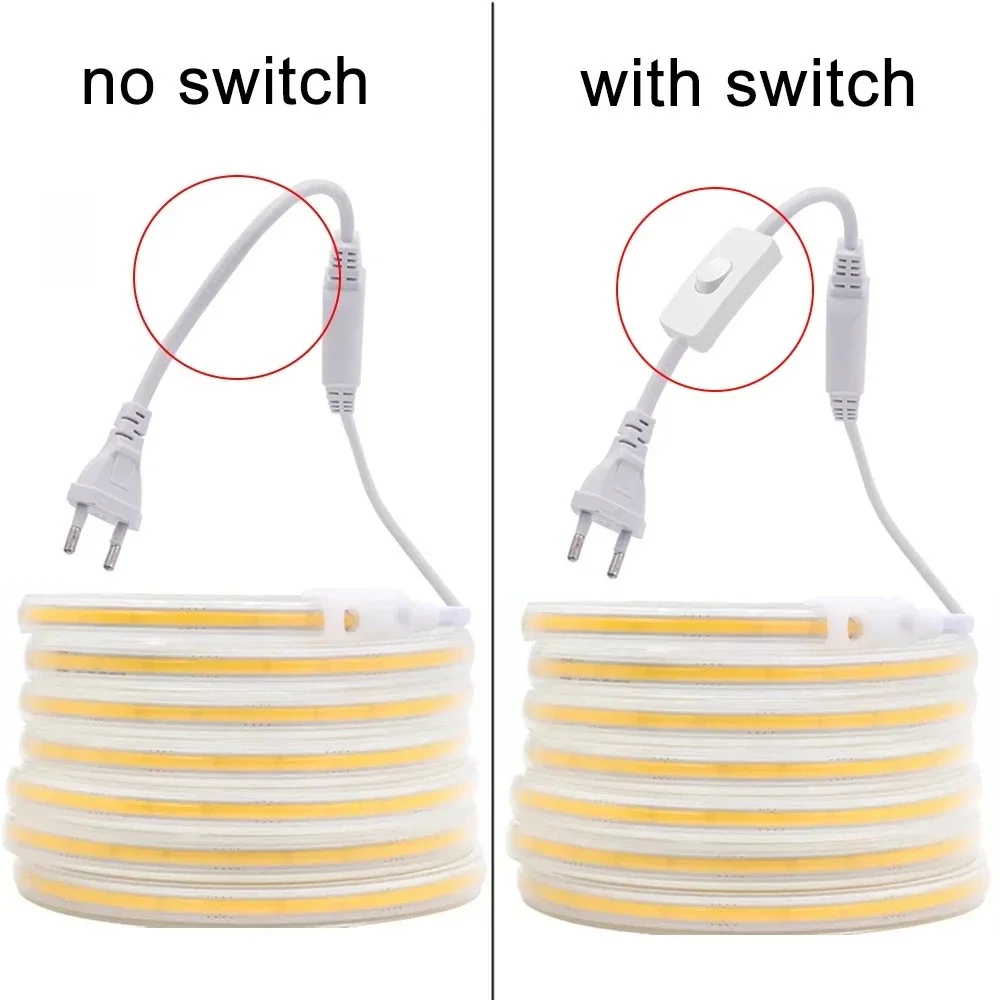 COB LED 스트립 220V 스위치 ON/OFF EU 플러그 포함 220V LED 스트립 조명 주방 홈룸 장 유연한 램프 테이프