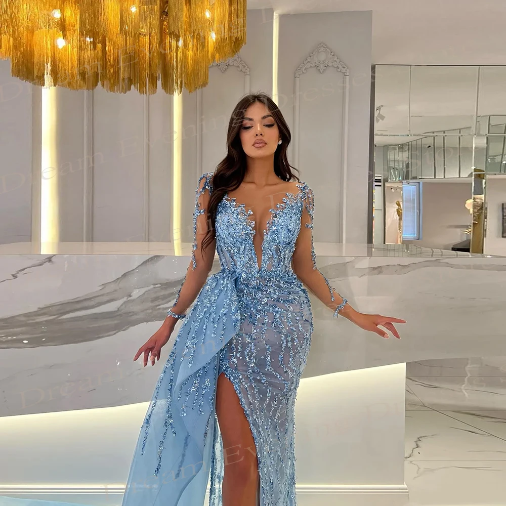 Sexy Sky Blue Mermaid Exquisite Evening Dresses V Neck Long Sleeve Sequins Prom Gowns High Split Robe De Soirée Luxe Elégante