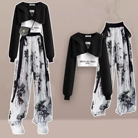 Spring Autumn Women Fashion Crop Sweatshirt Letter Sling Print Pants 1 or 3 Piece Set Lady Cool Streetwear Outfits Tops Trousers - Image 3