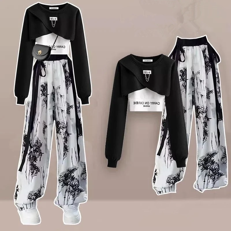2023 Autumn Women Fashion Crop Sweatshirt Letter Sling Print Pants 1 or 3 Piece Set Lady Cool Streetwear Outfits Tops Trousers 3