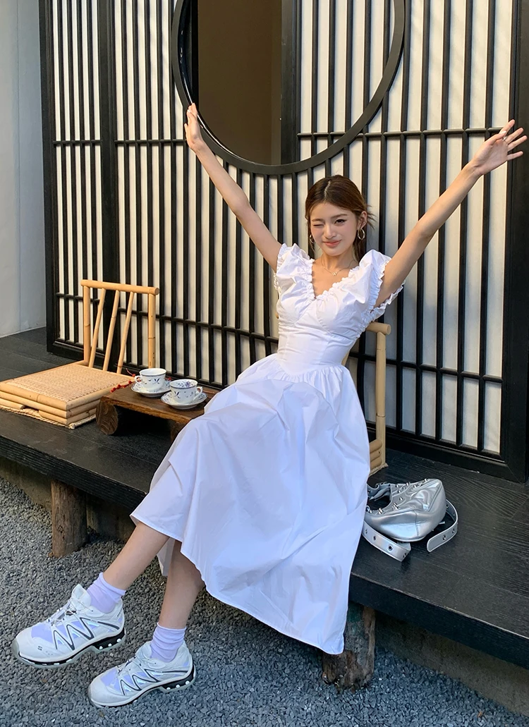 Casual Solid Midi Dresses for Women Korean Chic V-neck Backless High Waist Puff Sleeve A-line Party Dress Summer Vestidos Mujer