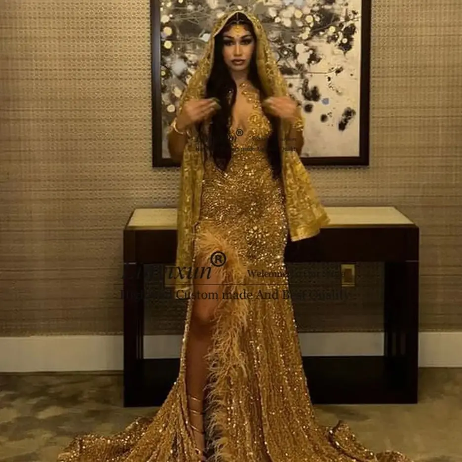 luxury Diamonds Glitter Prom Dress Bead Crystal Rhinestones Sequins Gown Feathers Wedding Birthday Party Gown