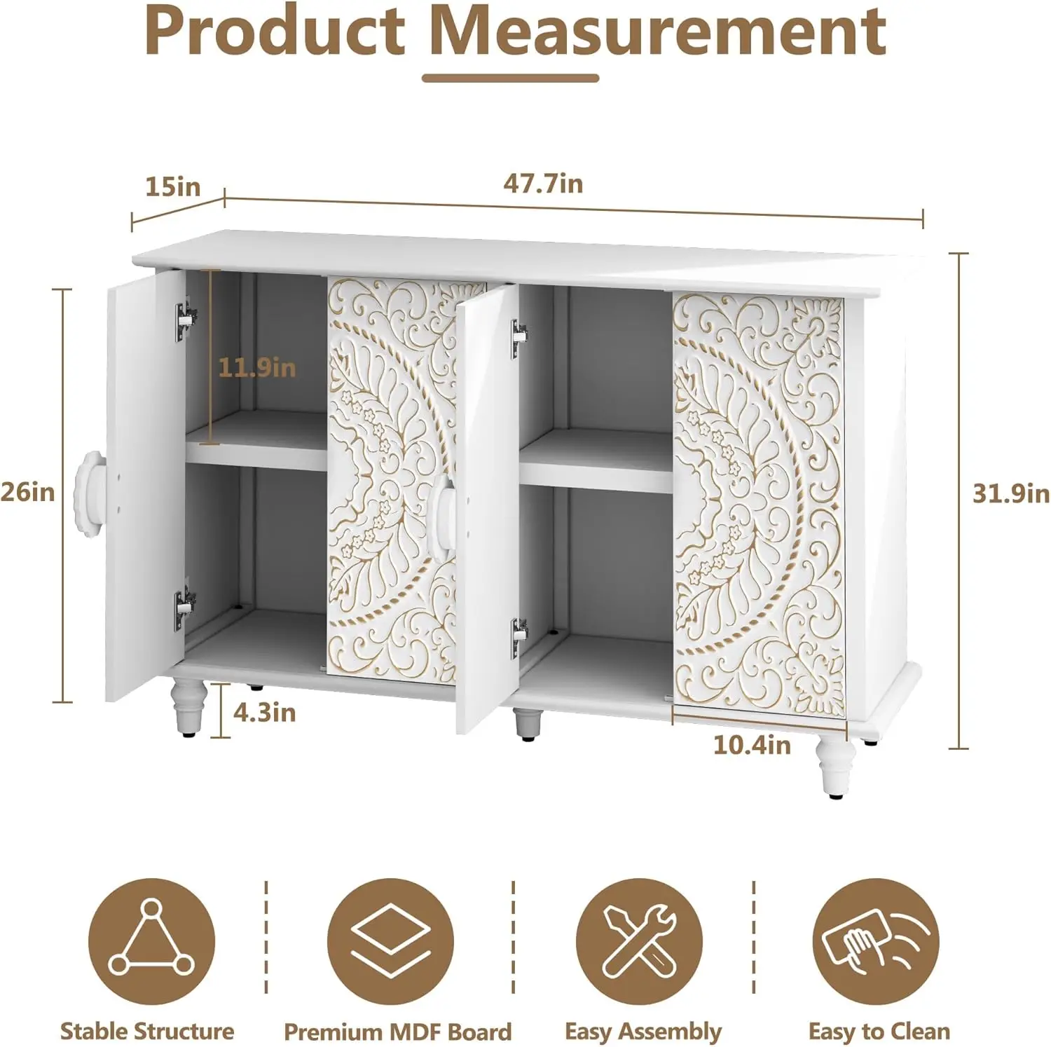 ARTPOWER Decorative Sideboard Buffet Cabinet with 4 Doors, White Accent Storage Cabinet with Carved Flower Pattern