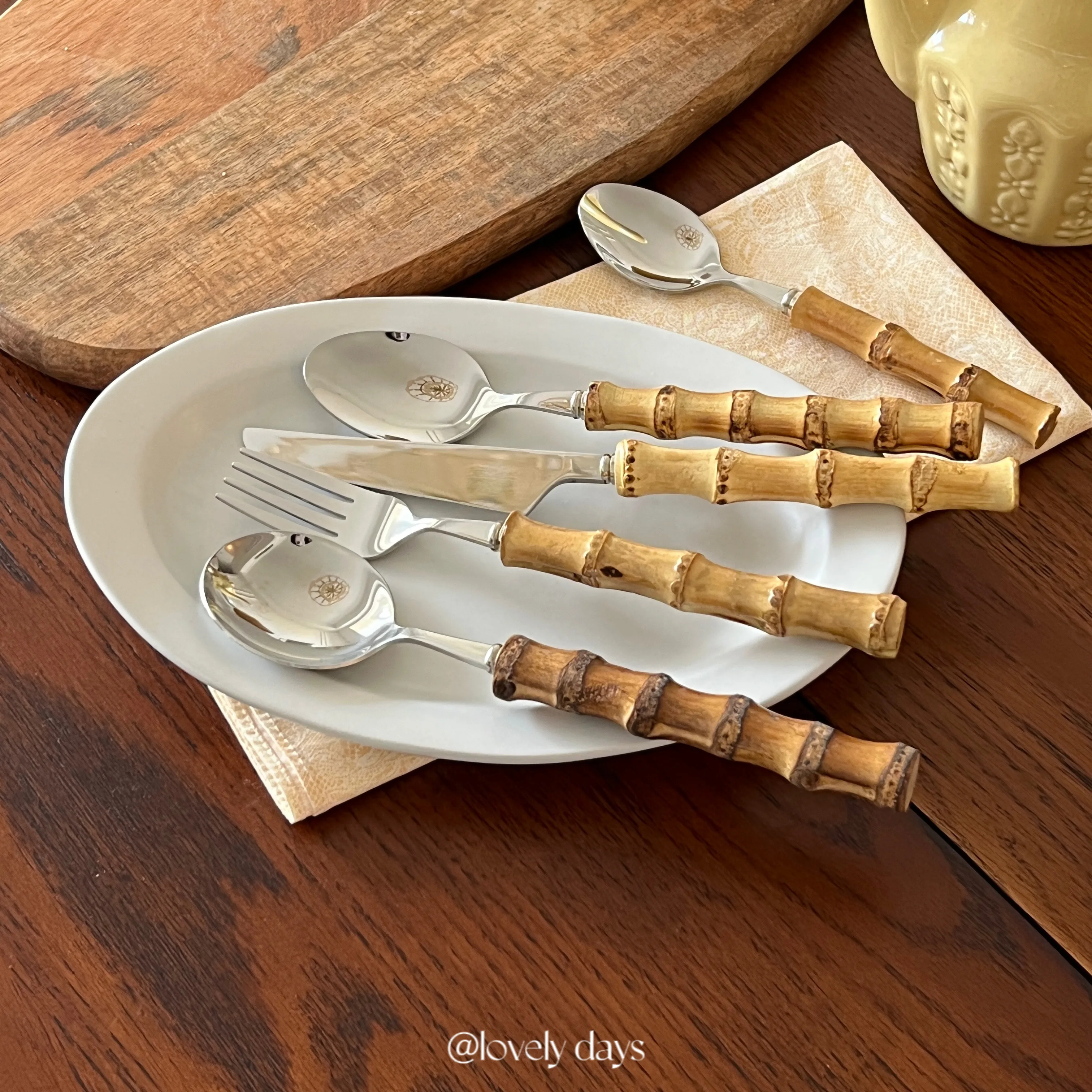 

French Vintage Handmade Bamboo Handle Household Stainless Steel Tableware Knife, Fork, Spoon