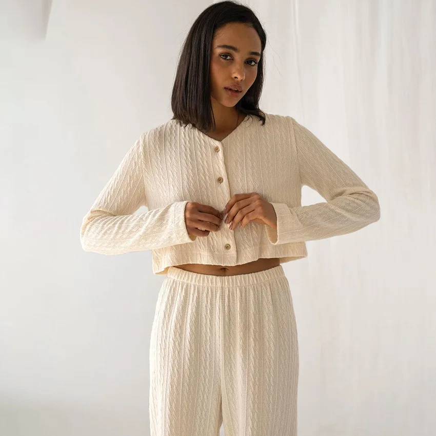 Simple Warm Knit Sleepwear Suit Cardigan V-Neck Stripe Women Home Pajamas Long Sleeve Casual Pants Two-piece Quilted Nightgown