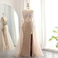 Luxury Dubai Mermaid Lilac Evening Dress with Cape Sleeves Slit Elegant Sage Green Women Wedding Party Gowns 178 1