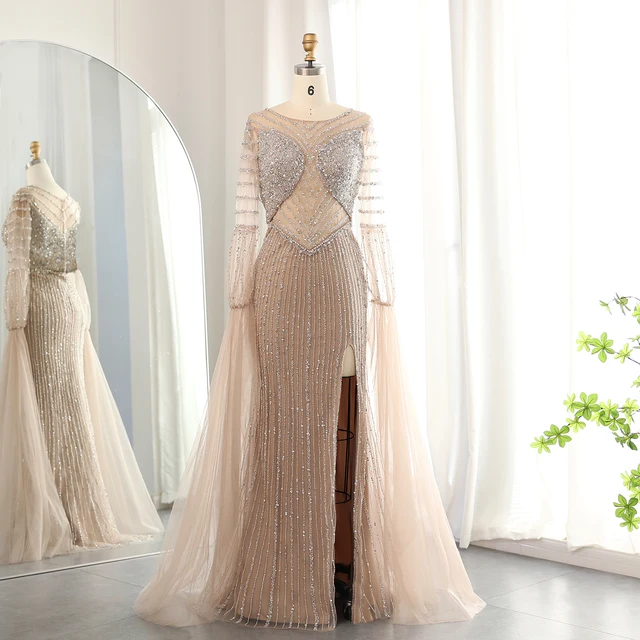Luxury Dubai Mermaid Lilac Evening Dress with Cape Sleeves Slit Elegant Sage Green Women Wedding Party Gowns 178 3