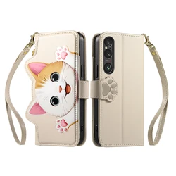 Cat Pattern Crossbody Leather Wallet Case with Stand and Strap for Sony Xperia 10 VII (Beige)