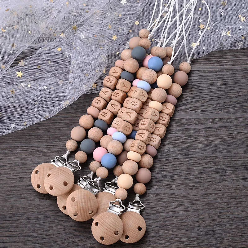 New Wooden Beech Letter Beads Baby Pacifier Clips Silicone Beads Anti-Lost Pacifier Chain for Dummy Nipple Holder 5
