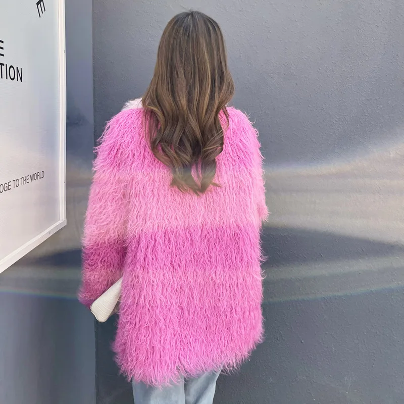 Winter New Women Faux Fur Coat Imitated Tibet Sheep Fur Mid-Length Toka Lapel Outwear Fashion Patchwork Warm Lamb Wool Outcoat