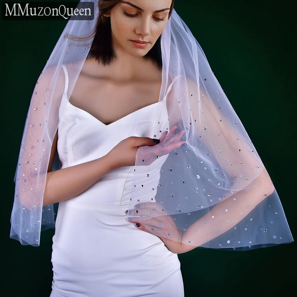 

MMQ M59 Sparkling Veil With Blusher 2 Tier Solf Tulle Yarn With Rhinestones Bridal Wedding Veil Cover Face Shiny Diamond