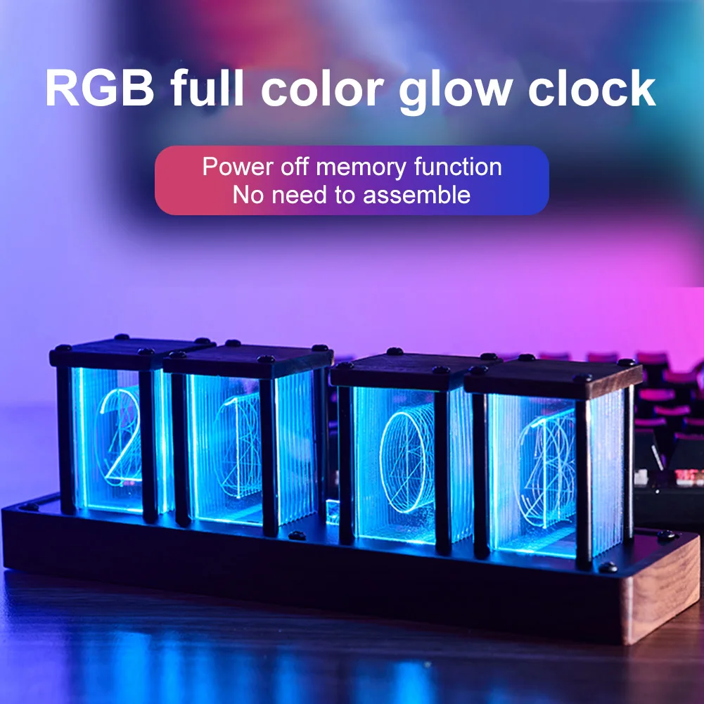 LED Tube Clock RGB Glow Tube Vintage Digital Nixie Clock 12/24 Hours Adjustable Walnut Wood Base