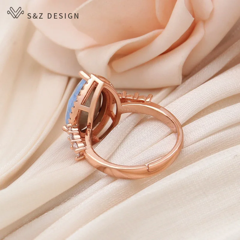 S&Z DESIGN New Fashion Water Drop Ice Crack Crystal Adjustable Rings For Women Luxury 585 Rose Gold Color Cubic Zirconia Jewelry